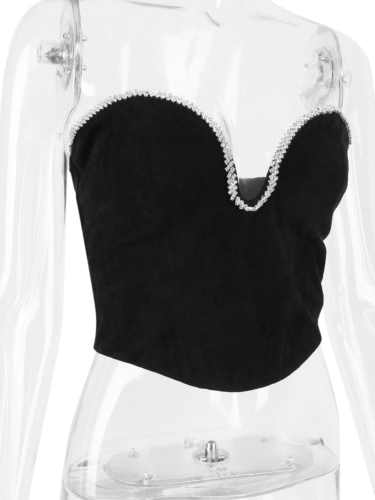 Black Crystal Trim Corset Top