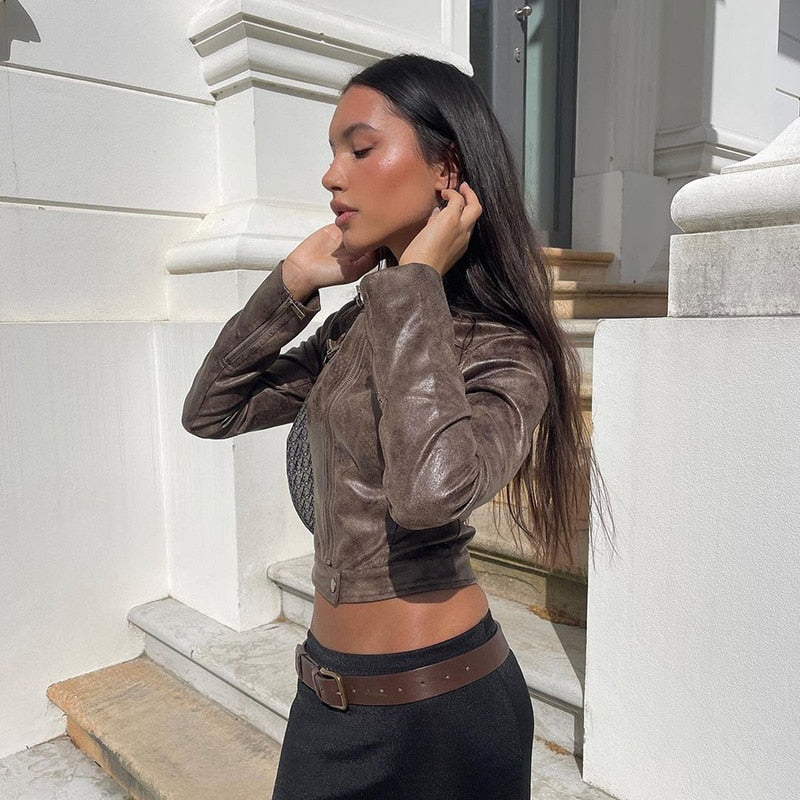 Brown Biker Faux Leather Jacket