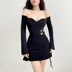 Black Ribbed Off Shoulder Long Sleeve Heart Cut Out Mini Dress