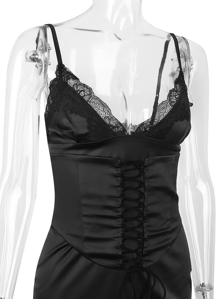 Black Lace Trim Satin Slip Mini Dress With Corset