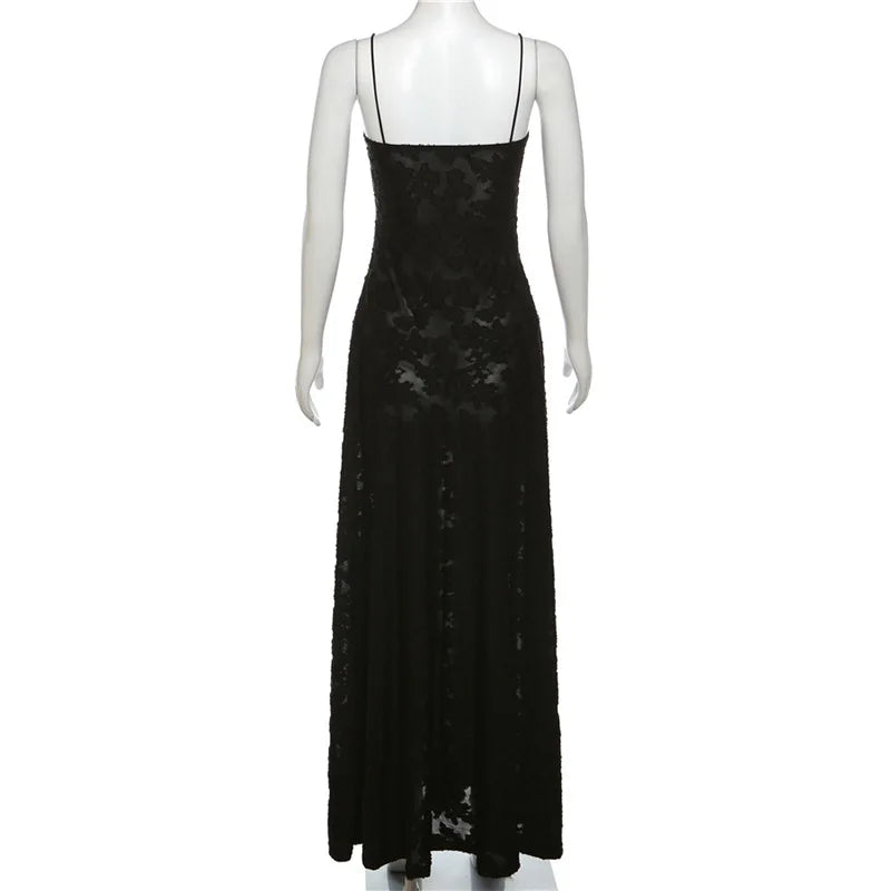 Black Embroidered Sheer Strappy Maxi Dress