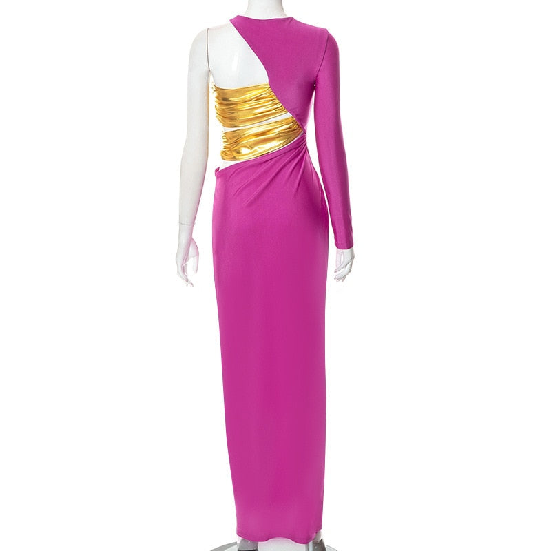 Purple One Sleeve Gold Wrap Maxi Dress