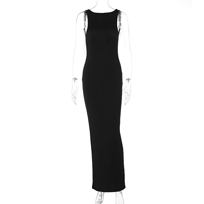 Ribbed Bandeau Deep Neck Layered Strap Long Dress