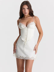 Lace Trim Satin Slip Mini Dress With Corset