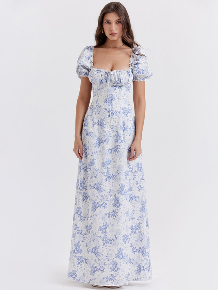 Blue Floral Print Short Puff Sleeve With Pocket Maxi Dress