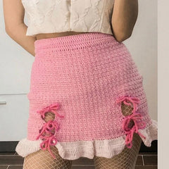 Knitted Bow Tie Up Slit Mini Skirt