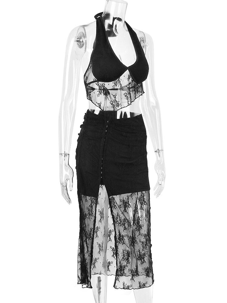 Black Lace Halter Crop Top And Midi Skirt Set