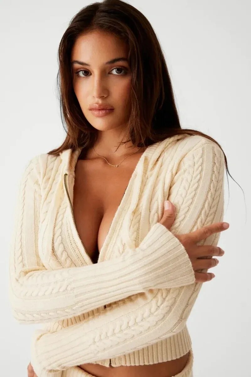 Knitted Zipper Hoddie Top And High Waist Short Set