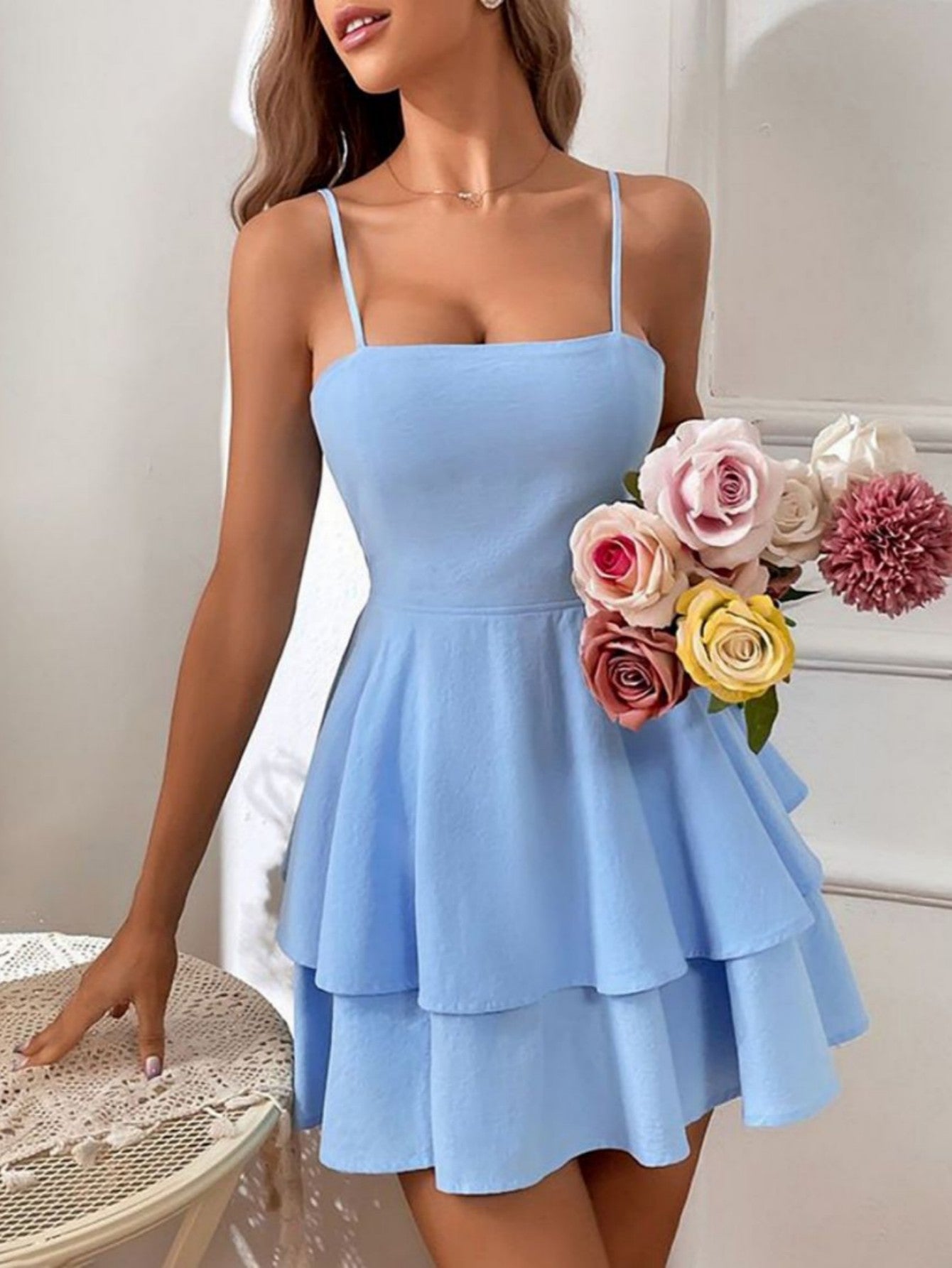 Blue Cotton Backless Sweet Short Graduation Dress