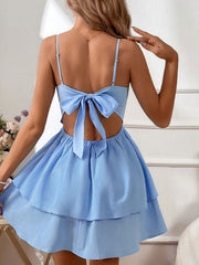 Blue Cotton Backless Sweet Short Graduation Dress