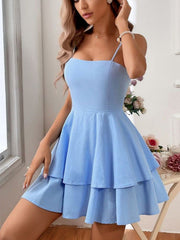 Blue Cotton Backless Sweet Short Graduation Dress