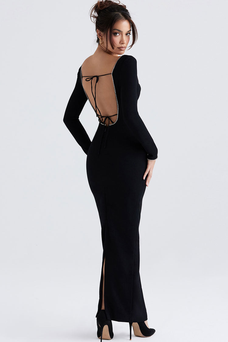 Sparkly Crystal Embellished Tie Neck Long Sleeve Formal Maxi Dress - Black