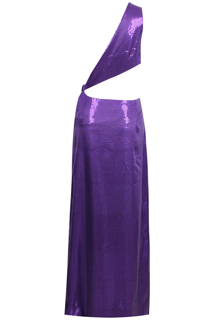 Sparkly Sequined Split Cutout One Shoulder Evening Maxi Dress - Purple