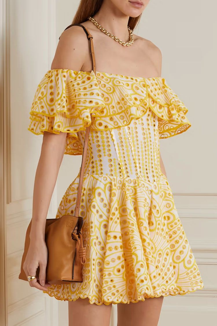 Tiered Off Shoulder Broderie Anglaise Ruffle Mini Dress - Yellow