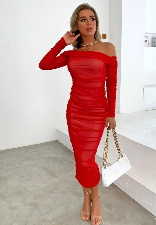 Double Layer Mesh Off Shoulder Dresses