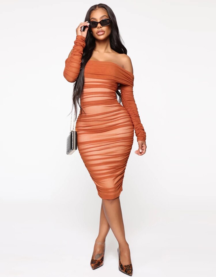 Double Layer Mesh Off Shoulder Dresses