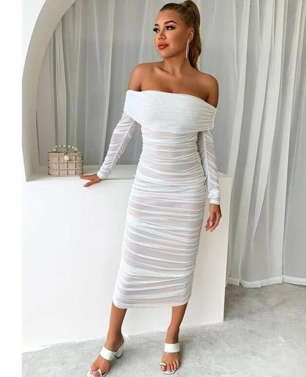 Double Layer Mesh Off Shoulder Dresses