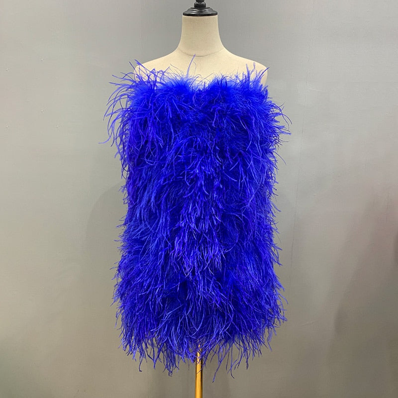 Ostrich Feather Mini Dresses With Shoulder Strap