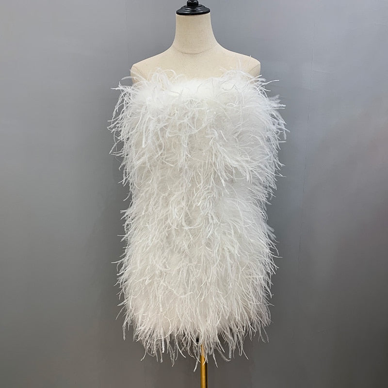 Ostrich Feather Mini Dresses With Shoulder Strap