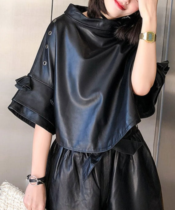 Genuine Leather Batwing Short Sleeve Crop Oversized Pullover