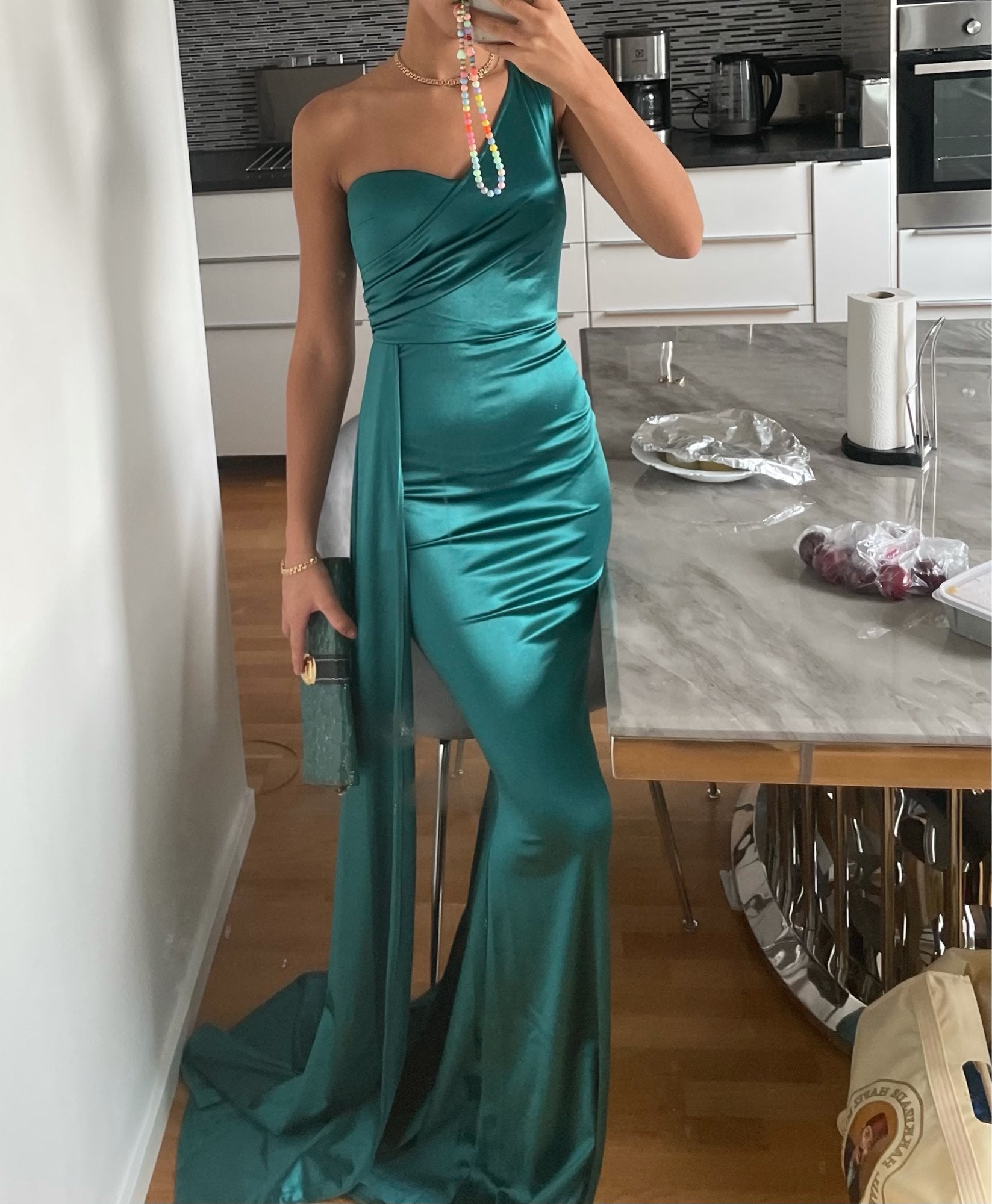 One Shoulder Satin Draped Maxi Dresses