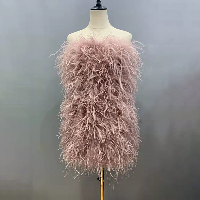 Ostrich Feather Mini Dresses With Shoulder Strap