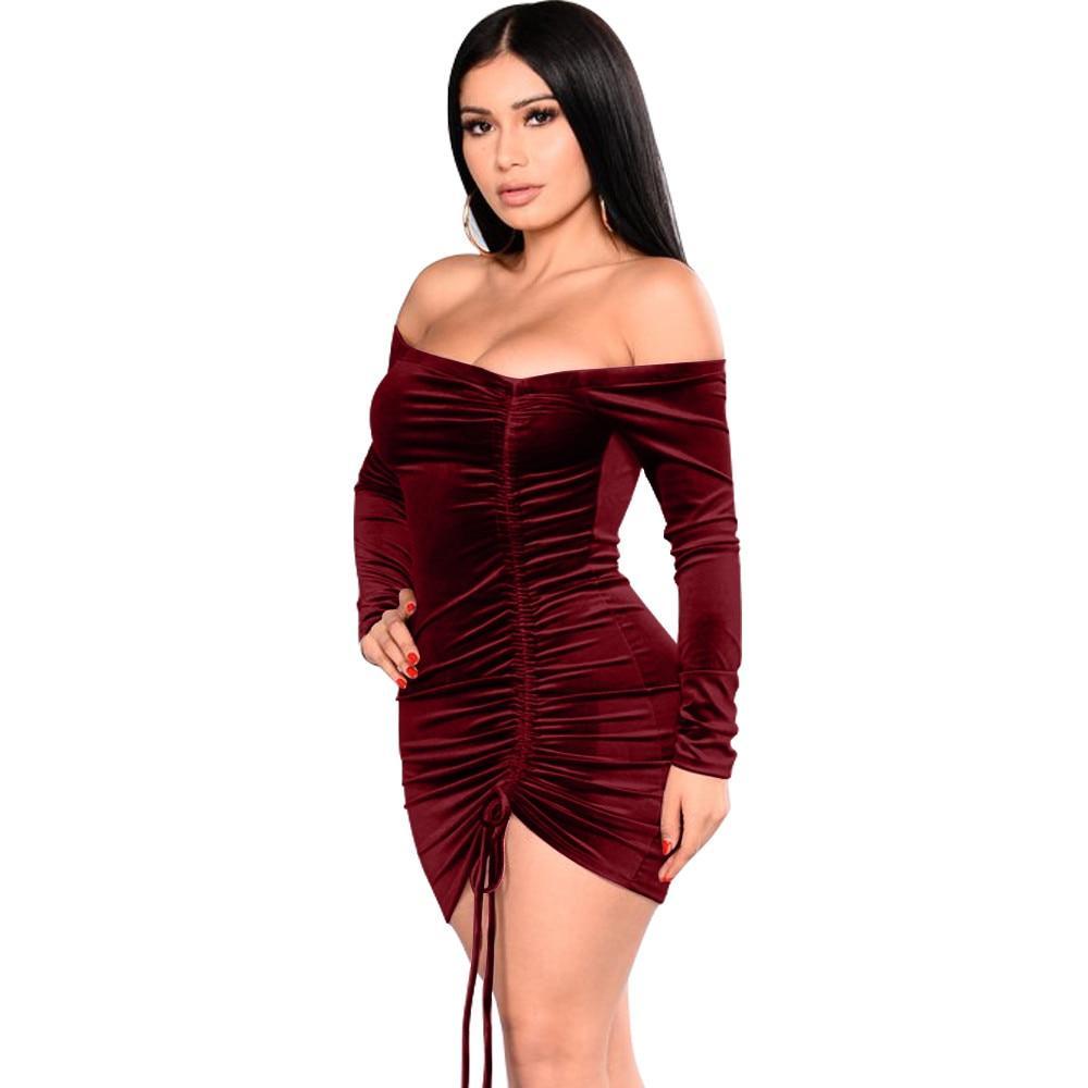 Velvet Asymmetrical Ruching Off Shoulder Sheath Mini Dresses