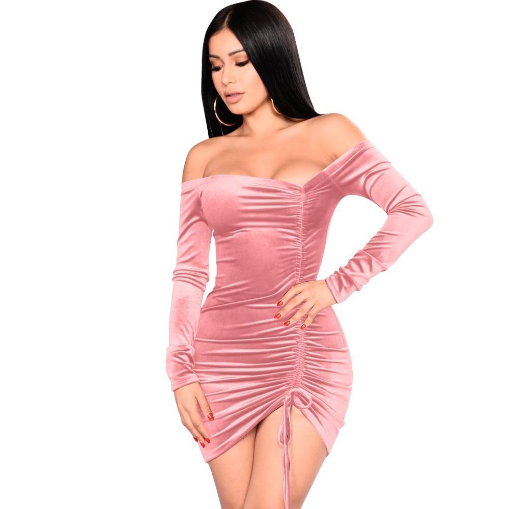 Velvet Asymmetrical Ruching Off Shoulder Sheath Mini Dresses