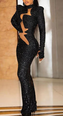 Black Sequin See Through Zig Zag Cut Maxi Bodycon Dress