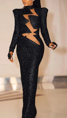 Black Sequin See Through Zig Zag Cut Maxi Bodycon Dress