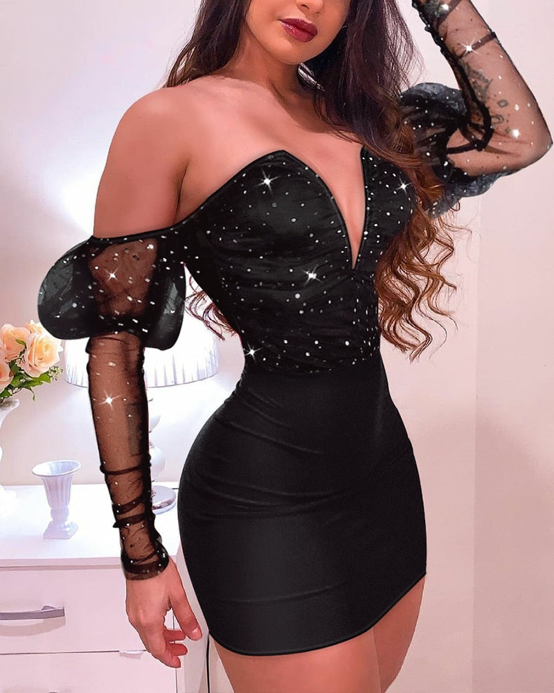 Off Shoulder Puff Mesh Mini Dress