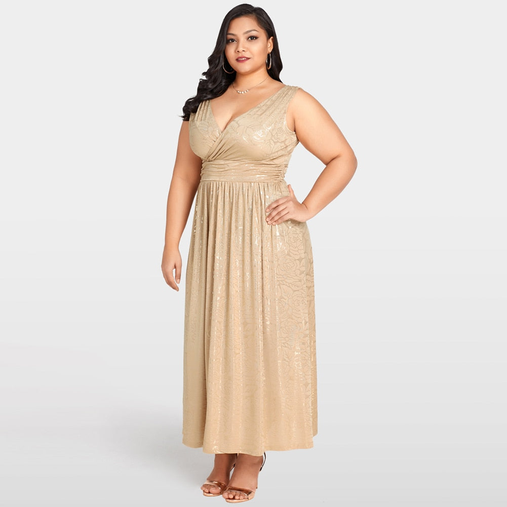 Gold Floral Deep V Neck Wrap Maxi Dress (Plus Size)