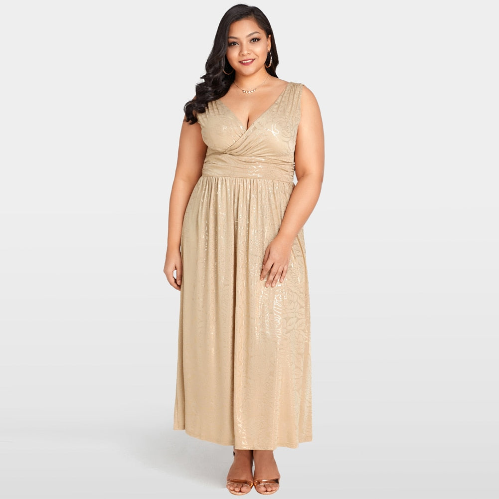 Gold Floral Deep V Neck Wrap Maxi Dress (Plus Size)