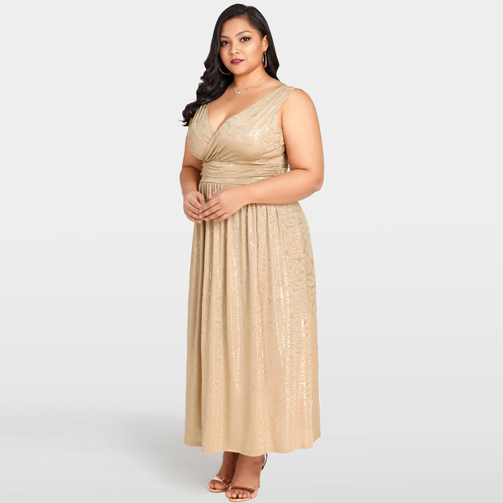 Gold Floral Deep V Neck Wrap Maxi Dress (Plus Size)