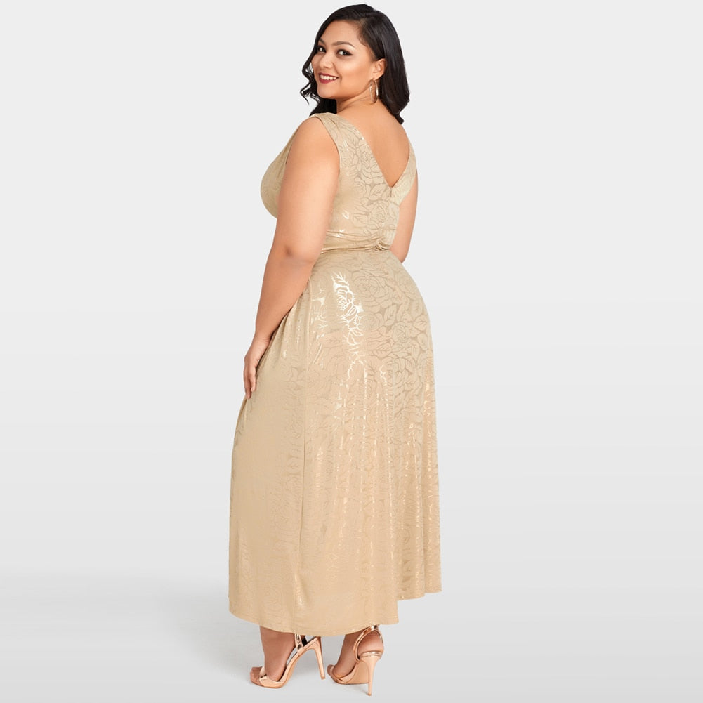 Gold Floral Deep V Neck Wrap Maxi Dress (Plus Size)