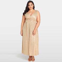 Gold Floral Deep V Neck Wrap Maxi Dress (Plus Size)