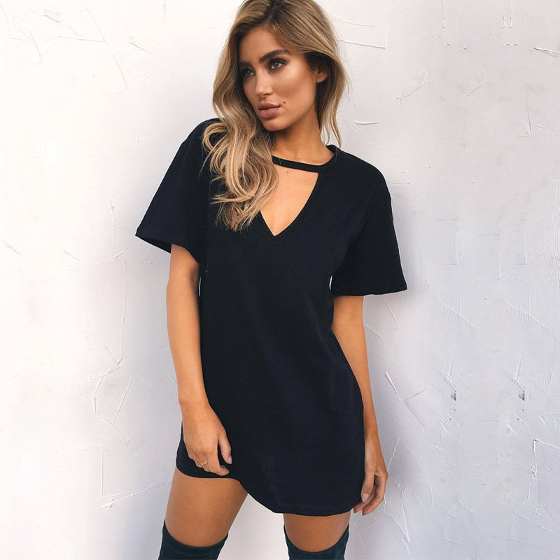 V-neck Loose T-Shirt Mini Dresses (Multi-Colors)