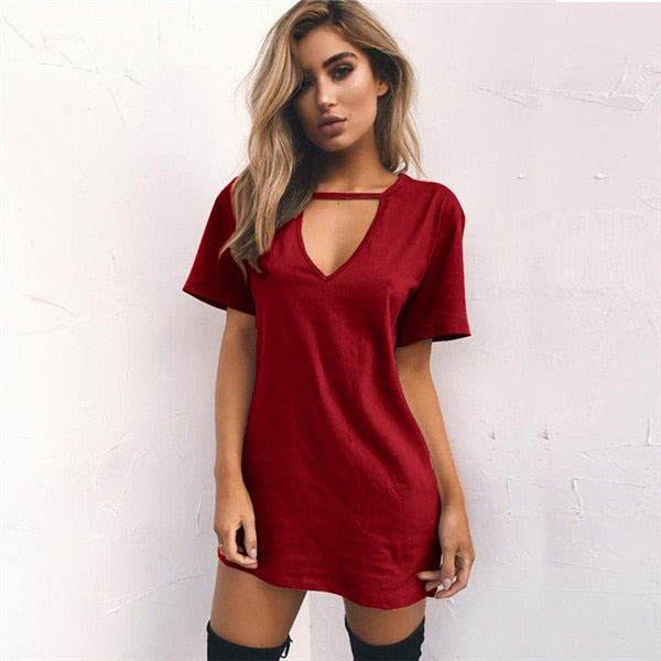 V-neck Loose T-Shirt Mini Dresses (Multi-Colors)