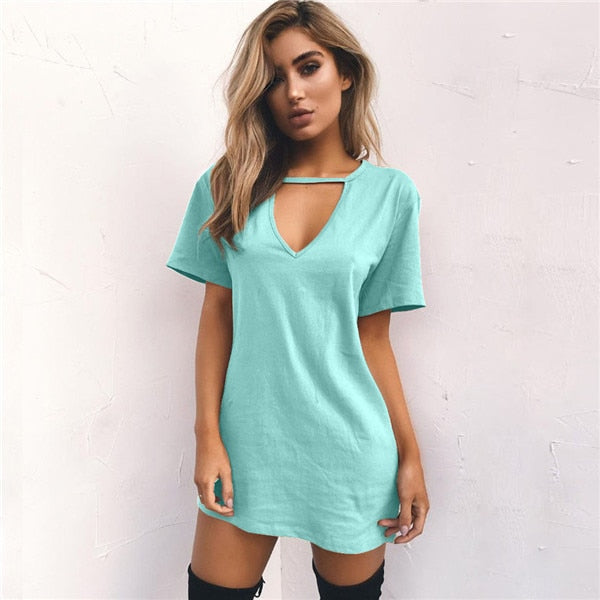 V-neck Loose T-Shirt Mini Dresses (Multi-Colors)