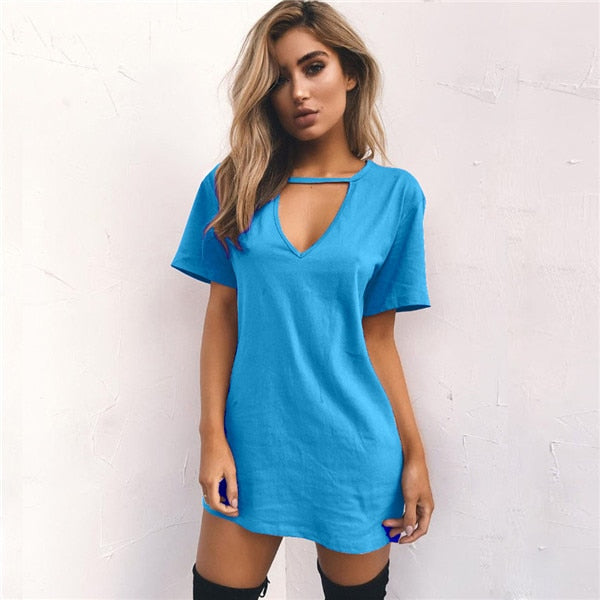 V-neck Loose T-Shirt Mini Dresses (Multi-Colors)