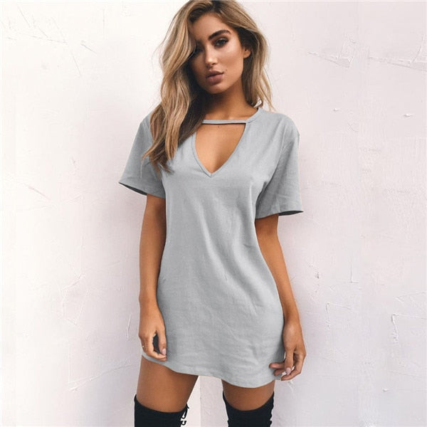 V-neck Loose T-Shirt Mini Dresses (Multi-Colors)