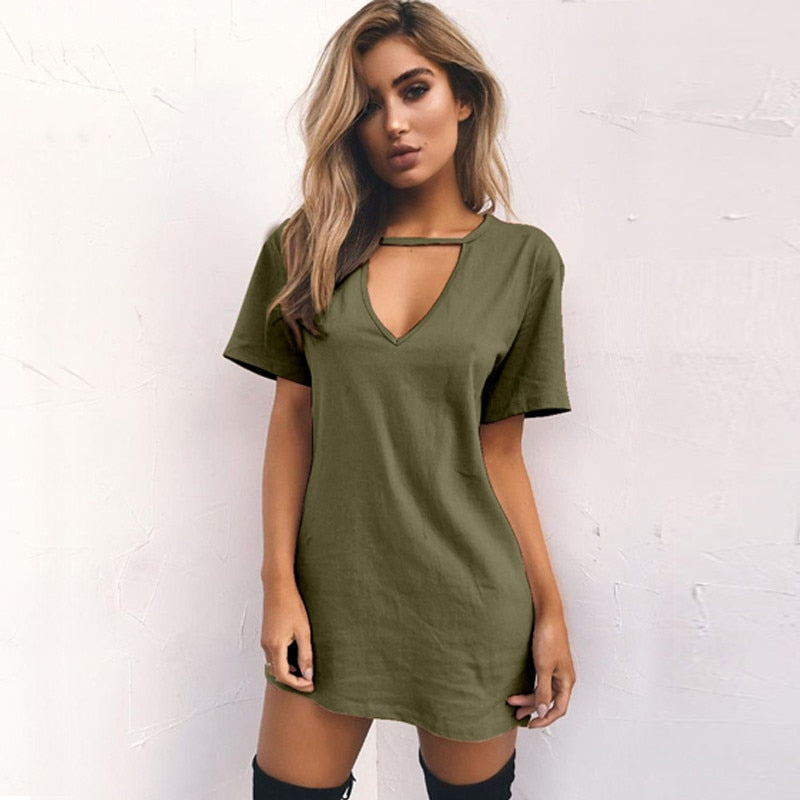 V-neck Loose T-Shirt Mini Dresses (Multi-Colors)