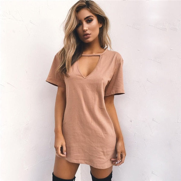 V-neck Loose T-Shirt Mini Dresses (Multi-Colors)