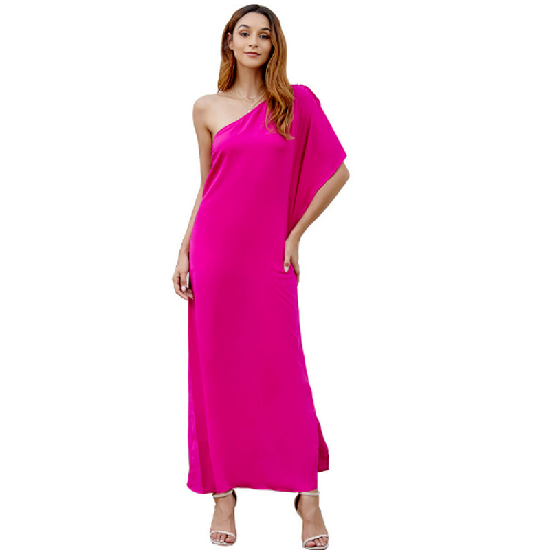 Satin One Shoulder Lantern Sleeve Midi Dresses