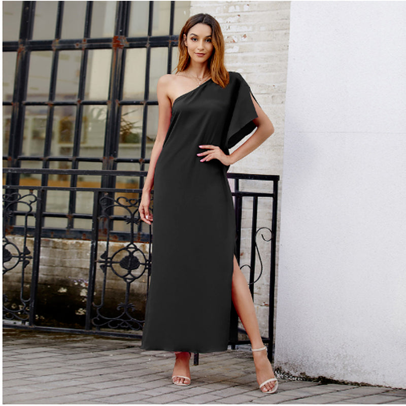 Satin One Shoulder Lantern Sleeve Midi Dresses