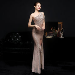 One Shoulder Slit Sequin Maxi Dresses