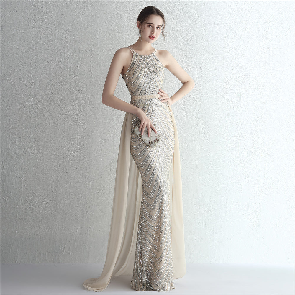 Sequin Maxi Dresses Detachable Chiffon Train