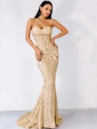 Strapless Glitter Floor Length Trumpet Maxi Dresses