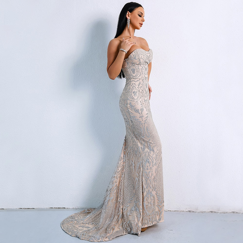 Strapless Glitter Floor Length Trumpet Maxi Dresses