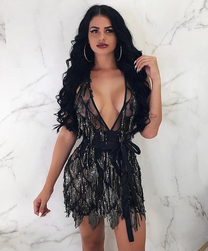 Deep V Halter Backless Sequin Short Tassel Mini Dresses